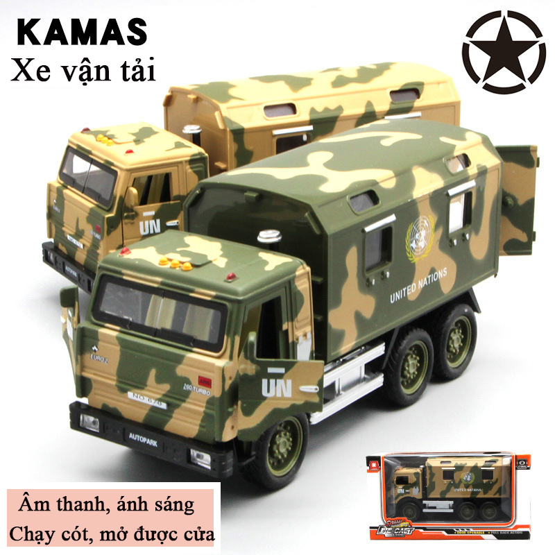Đồ chơi mô hình xe vận tải quân sự KAMAS chất liệu hợp kim có nhạc và đèn, chạy cót