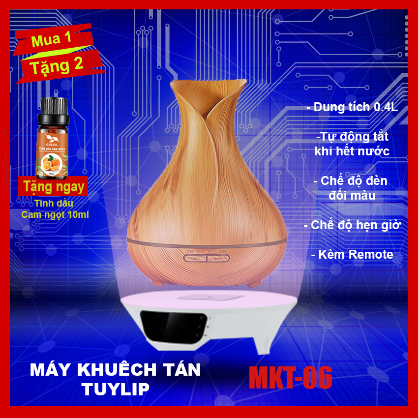 Máy khuếch tán, máy xông tinh dầu tạo độ ẩm hoa tulip vân gỗ mkt06 - 500ml + quà tặng kèm