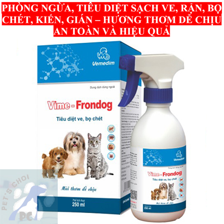 Vemedim Vime Frondog thuốc xịt phòng ngừa và tiêu diệt sạch ve, bò chét ở chó mèo, bò, dê, cừu, chai xịt 250ml