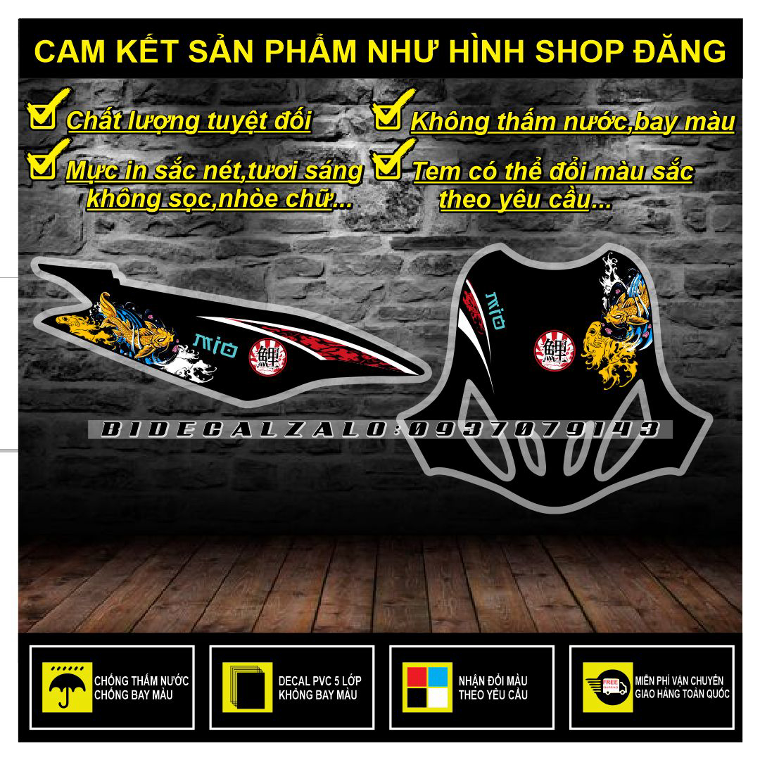 Hcm-bidecal- tem rời mio nhỏ đời đầu mẫu cá chép hóa rồng dán xe đen