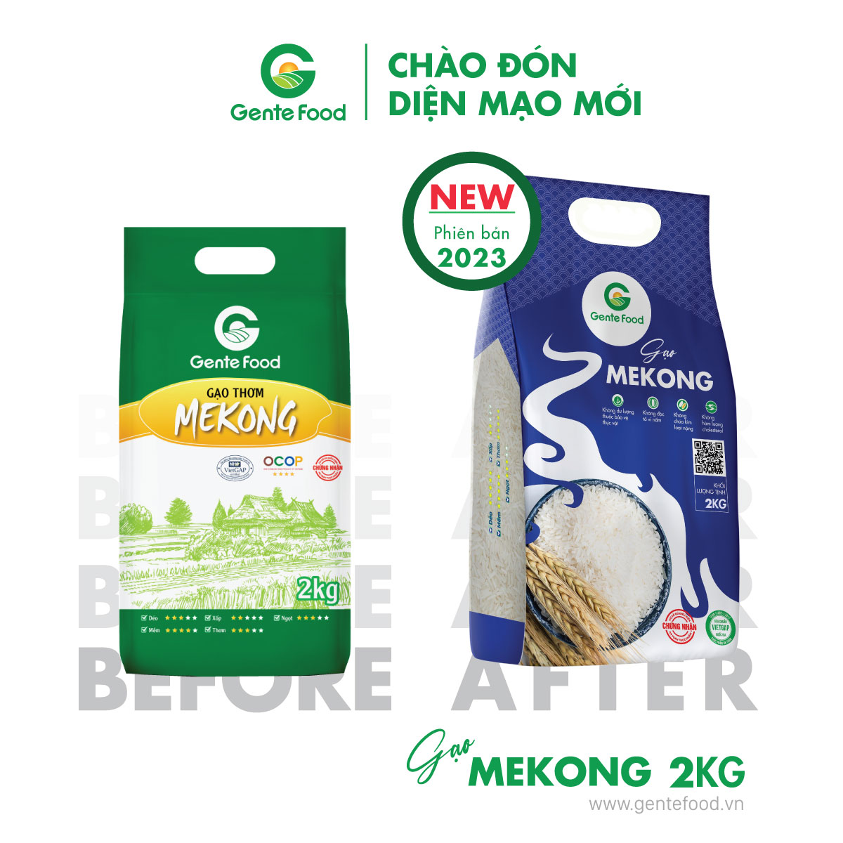 Gạo thơm mekong gente food 2kg - mềm, dẻo, dai cơm