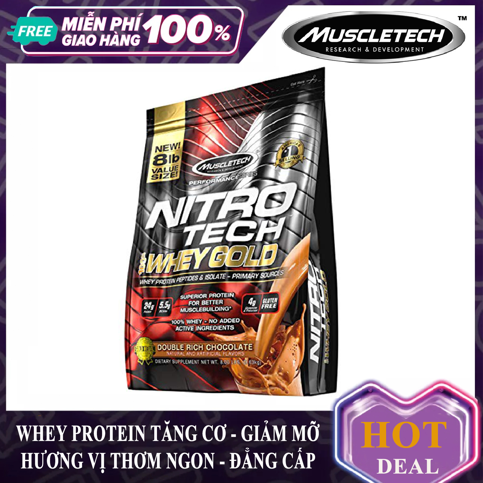 Sữa tăng cơ giảm mỡ Nitro Tech 100% Whey Gold của Muscle Tech bịch 109 lần dùng hỗ trợ tăng cơ tăng sức bền sức mạnh đốt mỡ giảm cân mạnh mẽ cho người tập gym và chơi thể thao