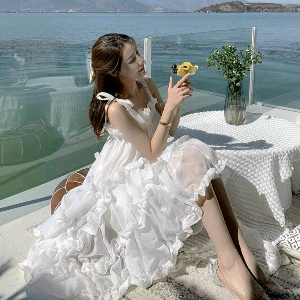 Đầm váy nữ maxi đi biển màu trắng chất voan 2 dây nhún bèo đẹp như nàng thơ
