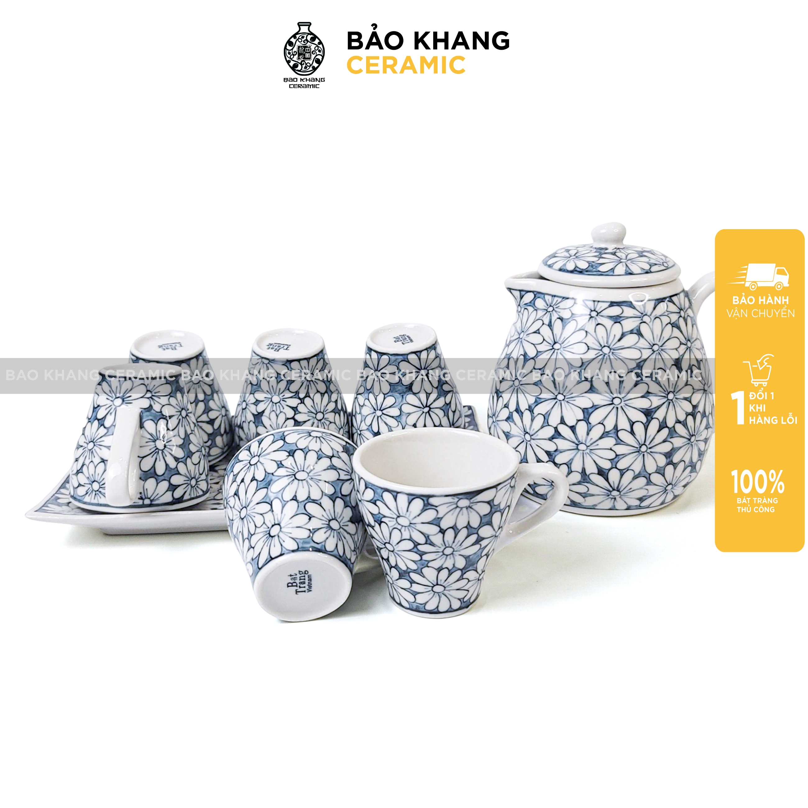 Bộ ấm trà cốc chén sứ hoạ tiết hoa cúc vẽ tay kĩ 1200ml gốm sứ cao cấp bát tràng bộ bình uống nước