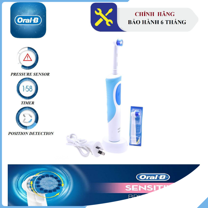 Bàn Chải Đánh Răng Điện Oral-B Vitality Sensitive Clean (1 Đế sạc, Thân bàn chải, 2 Đầu thay thế Sensitive Clean) - Bảo Hành 6 Tháng