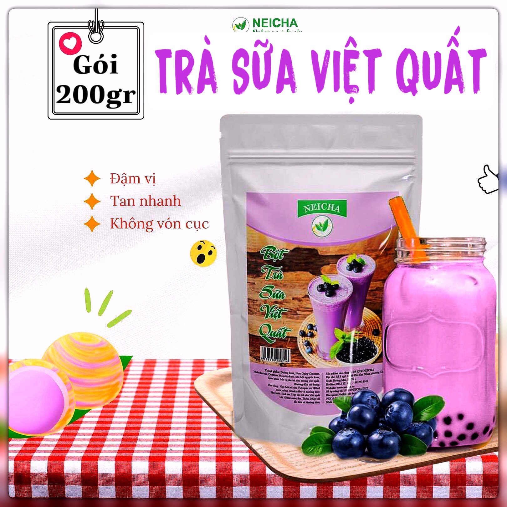 [Hàng Chính Hãng]Trà Sữa Neicha Vị Việt Quất gói 200gr/ Bột trà sữa PHA SẴN TIỆN LỢI, thơm ngon chuẩn vị