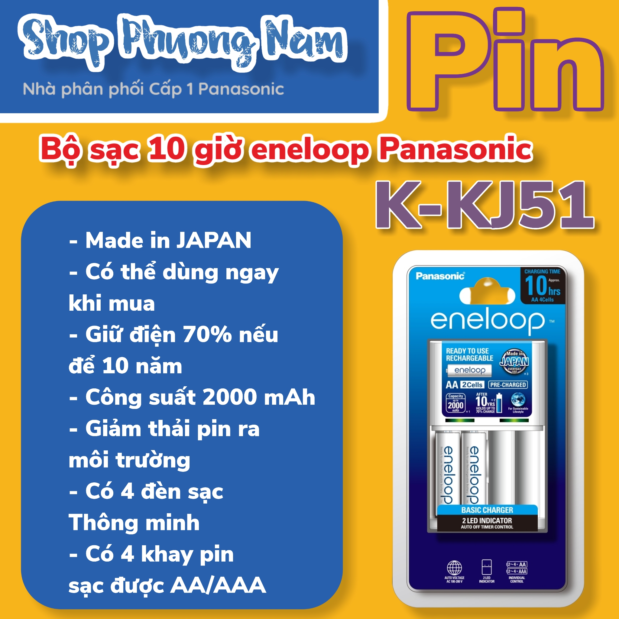 Bộ sạc Panasonic Eneloop K-KJ51 sẵn 2 pin sạc AA 2000mAh