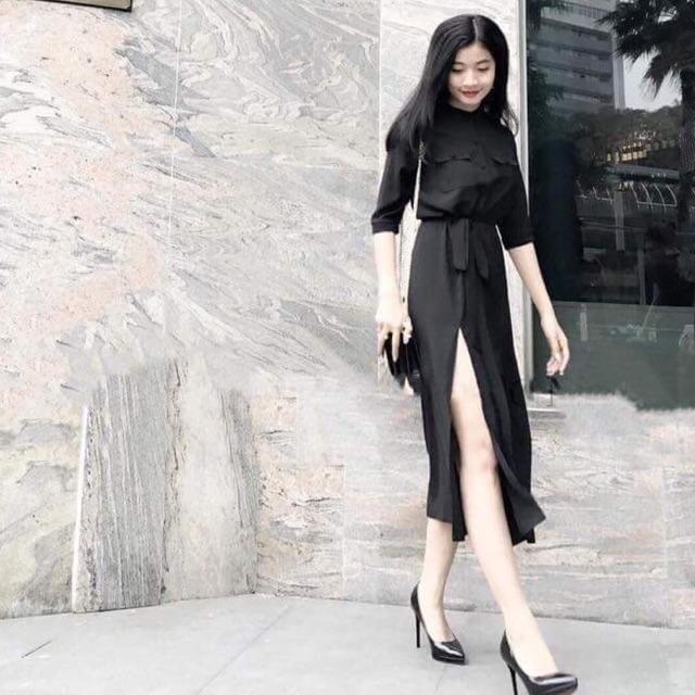 [HCM]Đầm đen dài nút bọc (kèm hình thật) - Đầm nữ dự tiệc dạo phố dễ thương