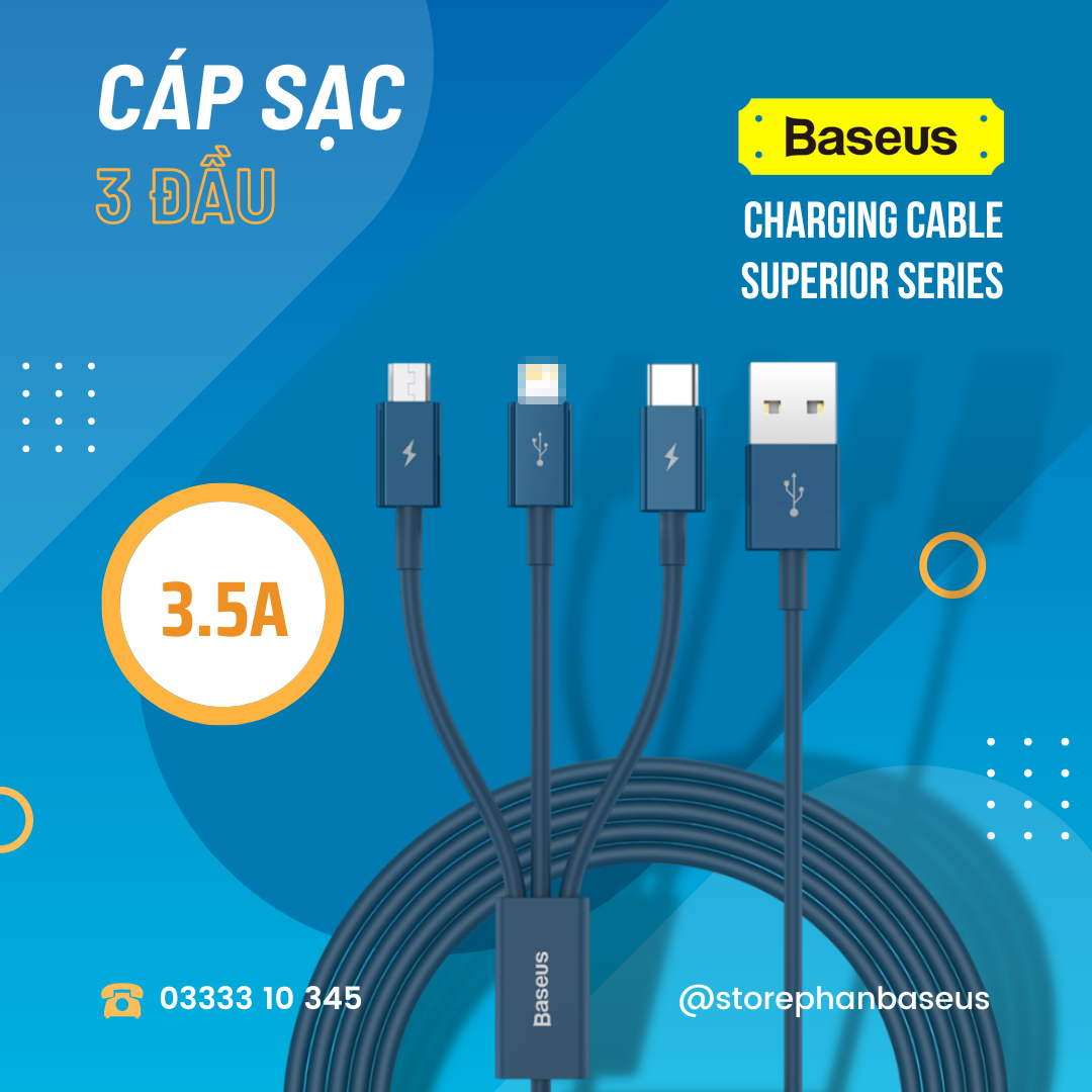 Cáp sạc đa năng 3 đầu | baseus charging cable superior series usb to micro + lightning + type-c - 3.5a dài 1.5m