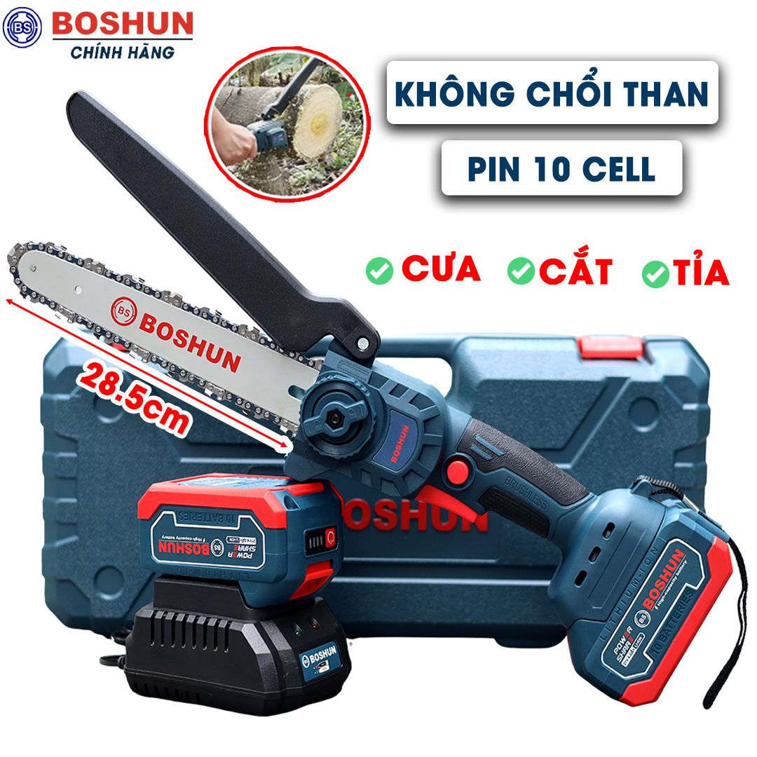 [CHÍNH HÃNG] Máy Cưa Xích Pin BOSHUN BS-CS08 - Không Chổi Than - 100% Lõi Đồng - Chân Pin Phổ Thông Makita - Pin Chuẩn 10Cell - Cưa Gỗ, Cắt Cây, Tỉa Cành, ....