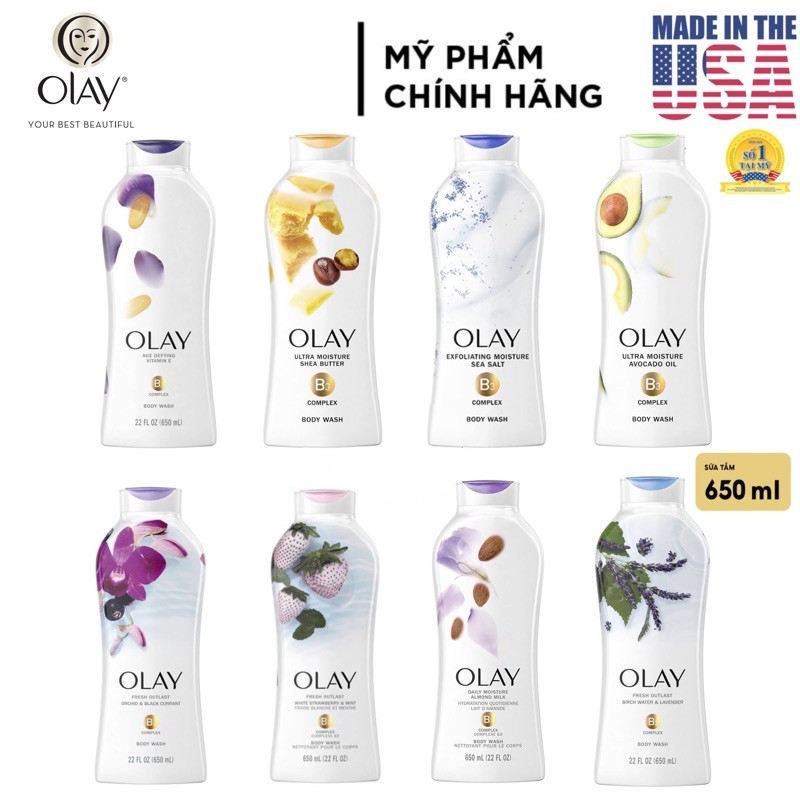 Sữa Tắm Tẩy Tế Bào chết - Dưỡng ẩm - Trắng da OLAY (Mỹ) - 650 ml