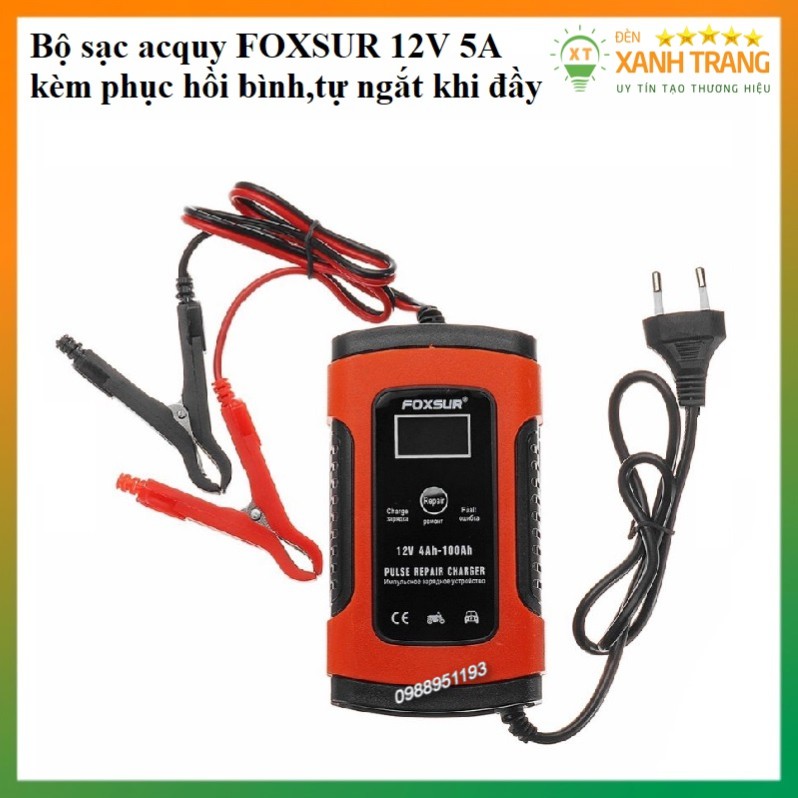 Bộ sạc acquy, máy sạc ắc quy FOXSUR 12V 5A kèm phục hồi bình,tự ngắt khi đầy,khử sunfat