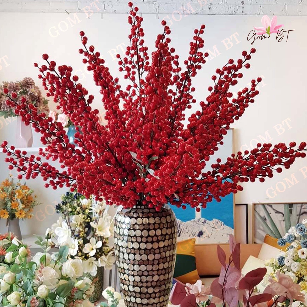 Cành đào đông đỏ cherry 12 nhánh cao 100cm - đào đông đỏ cao cấp