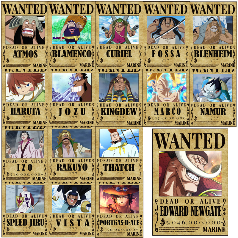 Bộ 17 tấm poster truy nã One piece băng Râu trắng ( khổ A4)