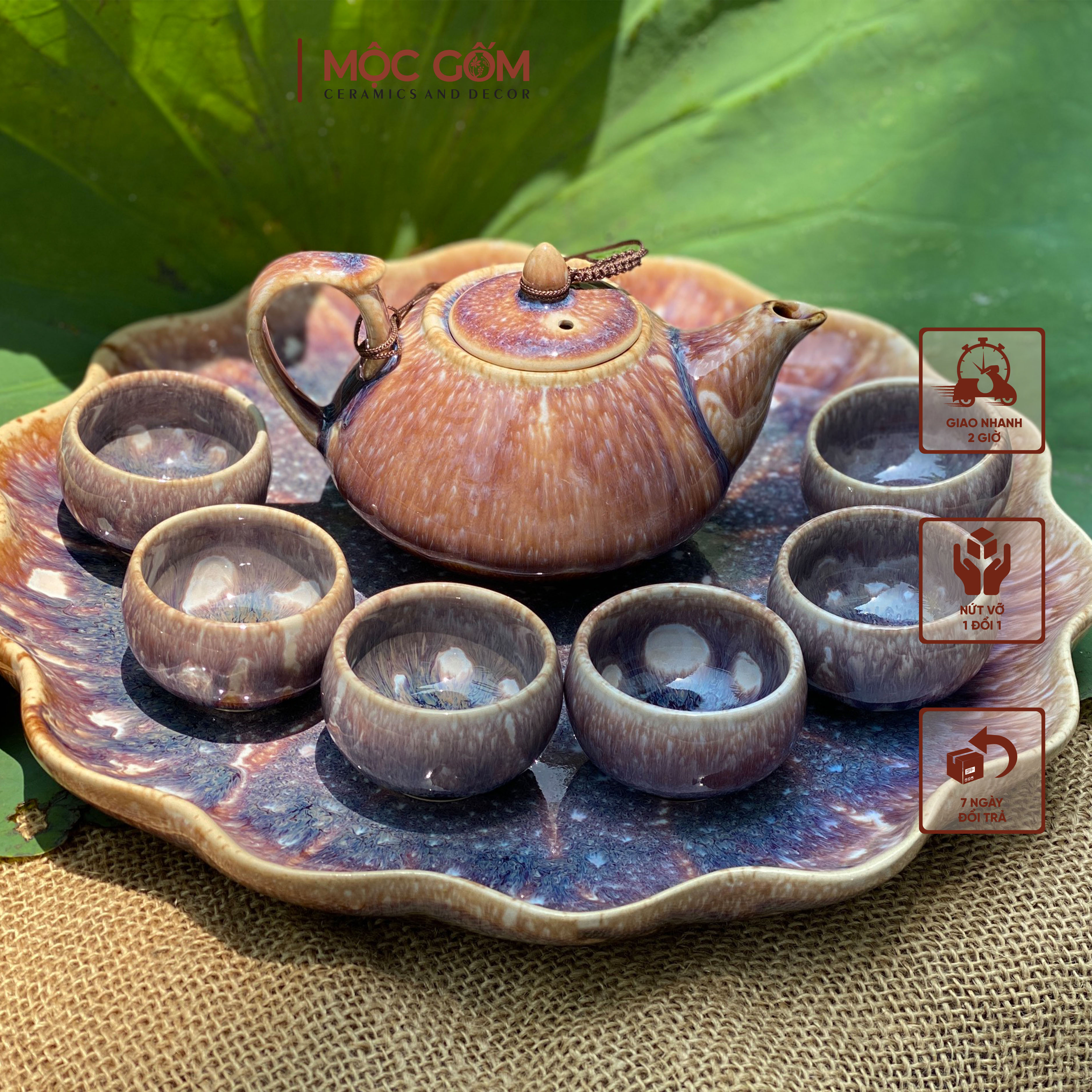 Bộ ấm chén gốm sứ Bát Tràng đa dạng màu men, khay mô phỏng chiếc lá sen | Mộc Gốm AC04
