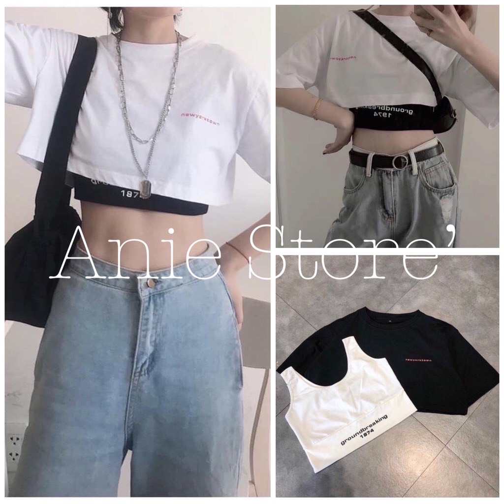 Bộ Croptop Nữ Thêu Chữ 1974 🦋FREESHIP Set🦋 Croptop Áo Tay Lỡ Kèm Áo 3 Lỗ 2 Màu