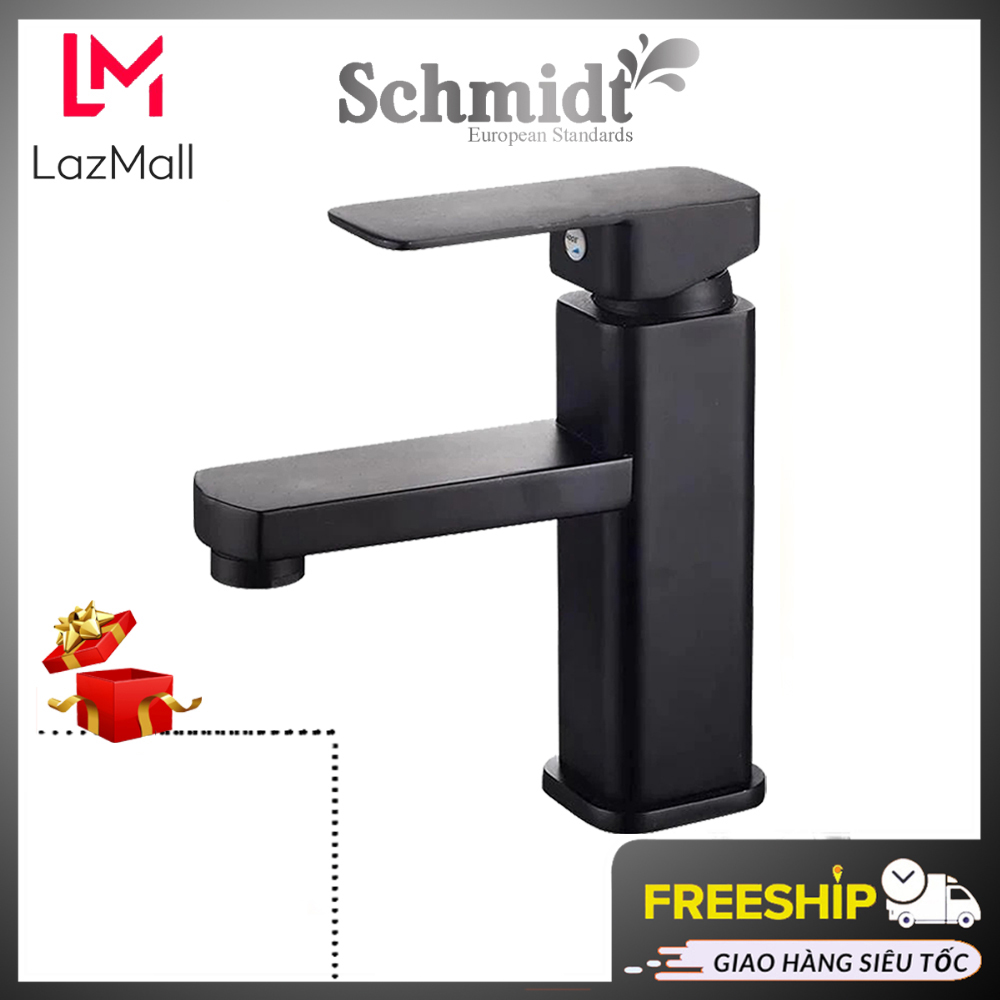 Vòi lavabo vuông nóng lạnh mạ đen inox 304 Schmidt - thân cao 20 cm, tặng kèm bộ dây cấp nước nóng lạnh 40 cm, vòi chậu rửa mặt vuông nóng lạnh mạ đen sang trọng phù hợp với mọi lavabo - Hàng Chính Hãng