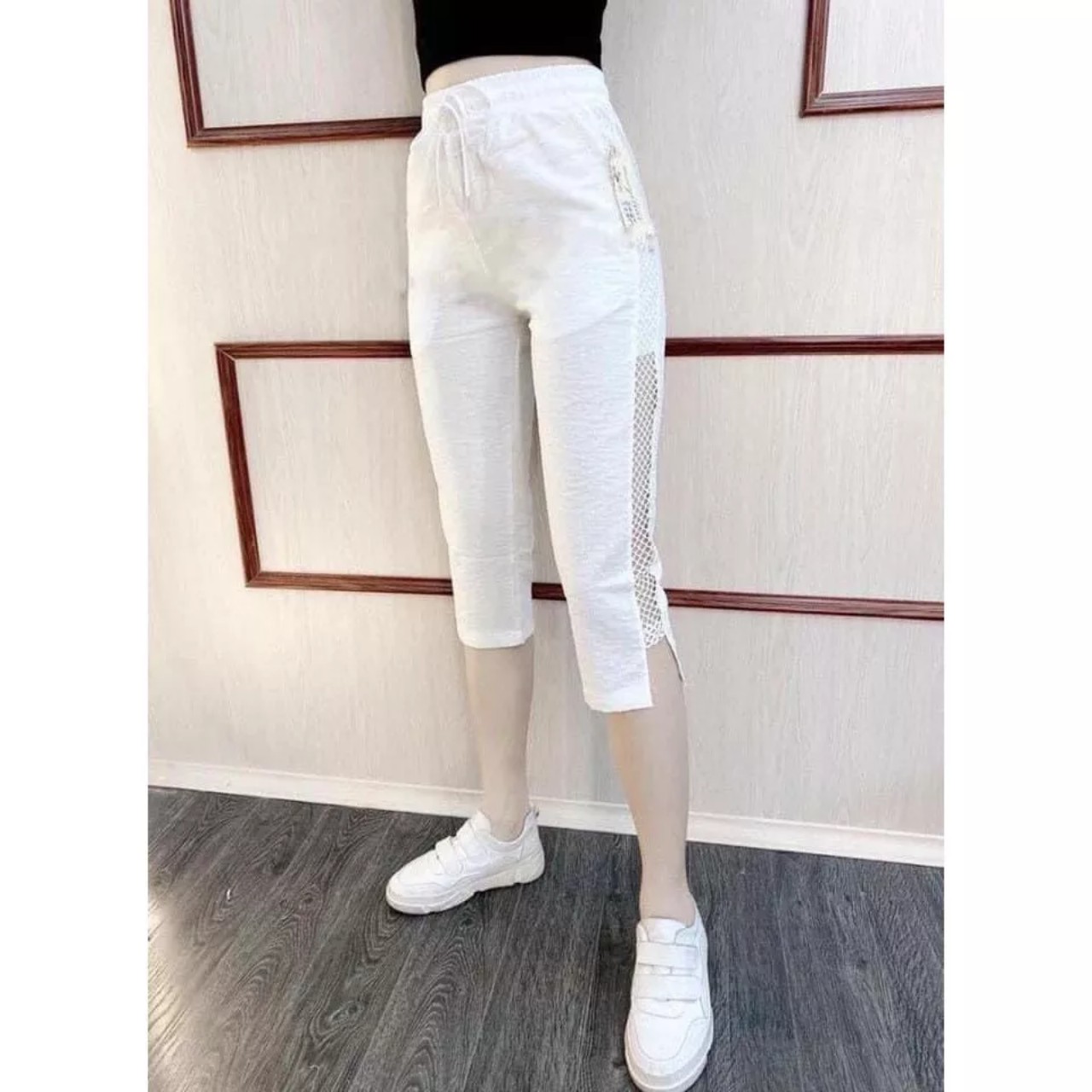 FREESHIP quần ngố đũi lửng pha lưới màu đen trắng quần short quần baggy nữ cạp chun vải đũi pha lưới dáng thể thao siêu xinh HALA FAHION