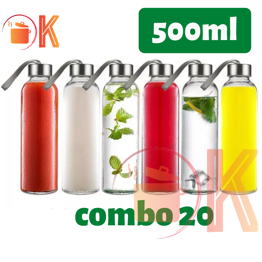 Combo 20 chai thủy tinh 500ml giá sỉ đựng mật ọng sữa hạt đựng nước uống trái cây nước ép nắp bạc có dây xách MH-20C500