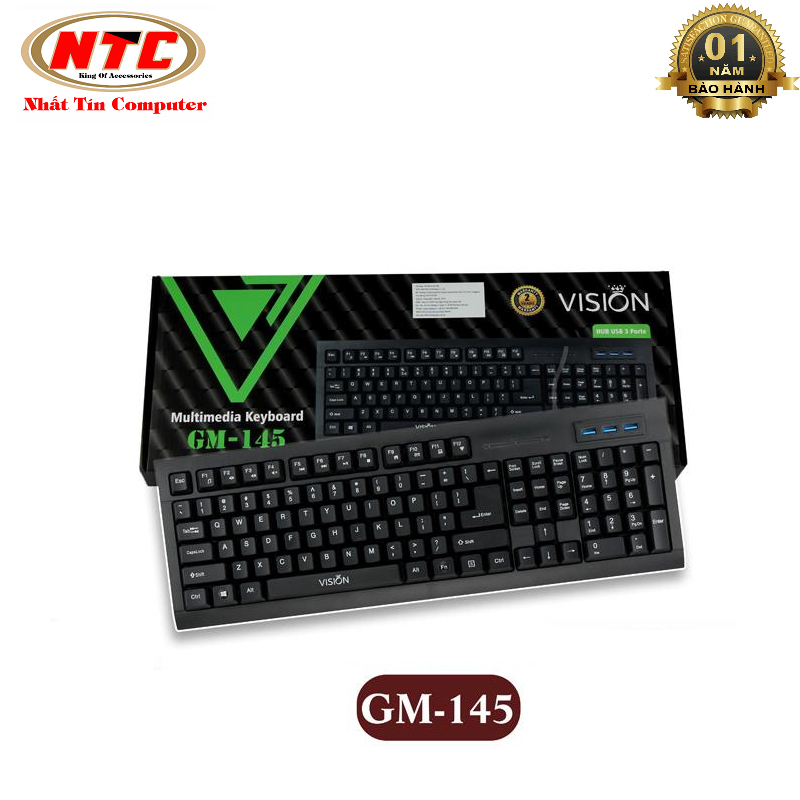 Bàn phím Vision GM-145 độ nẩy cao/ hỗ trợ 12 phím multimedia/ tích hợp 3 cổng usb/ phím cao su/ phím nhựa chống giật - Phụ Kiện 1986