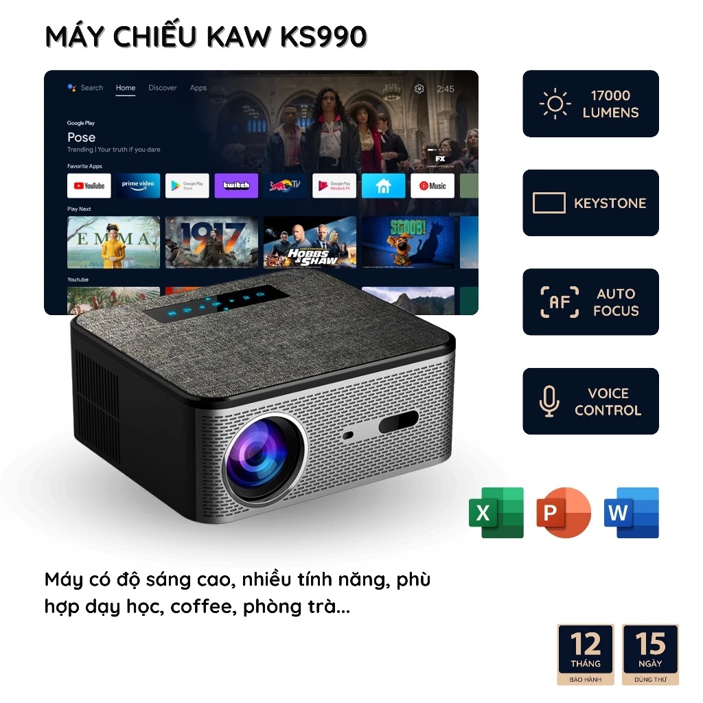 Máy chiếu phim KAW KS990 - Độ sáng 17000 Lumens, Hỗ Trợ Hình Ảnh 4K, Wifi 2.4G/5G, Bảo Hành 12th