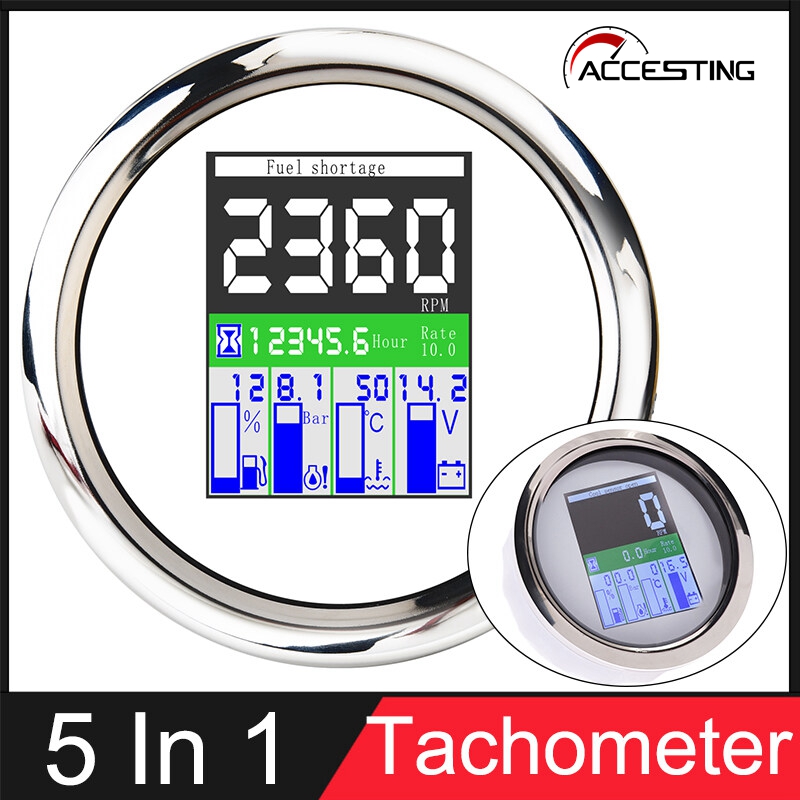 Đồng hồ đo đa năng 5 trong 1 tft 85mm máy đo tốc độ kỹ thuật số 0 ~ 9999 rpm với giờ nhiệt độ nước nhiên liệu đồng hồ đo áp suất dầu báo động