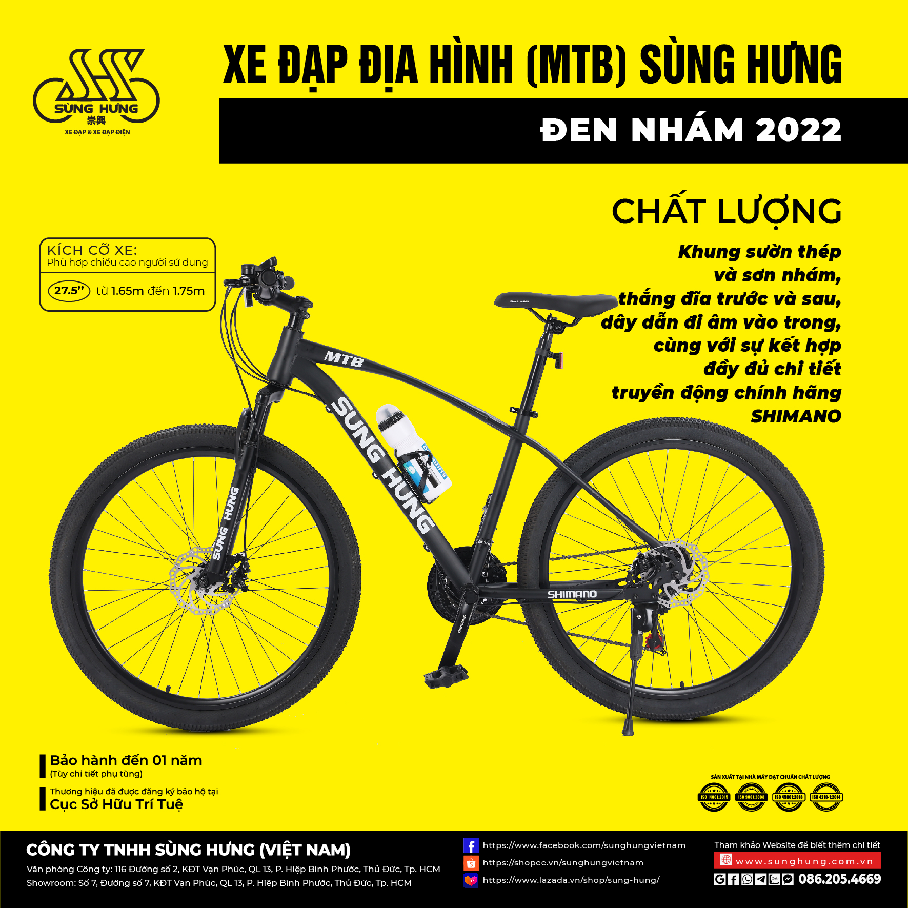 XE ĐẠP ĐỊA HÌNH (MTB) SÙNG HƯNG - Đen nhám 2022 (27.5''), khung sườn thép, phụ tùng chính hãng Shimano, kiểu dáng hiện đại, vận hành êm ái
