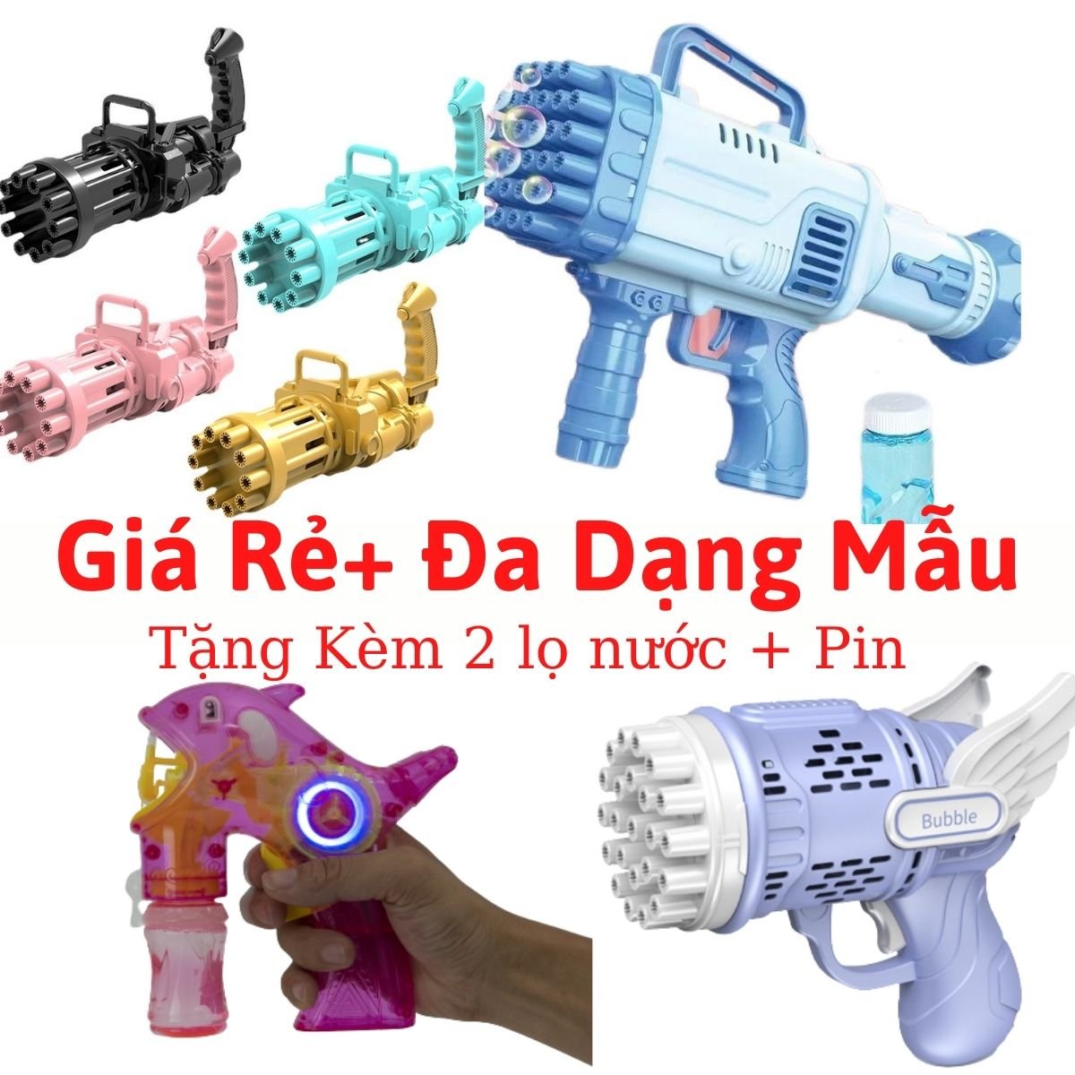 Máy bắn bong bóng xà phòng, máy phun, máy thổi, súng thổi bong bóng 8 Nòng, 36 Nòng, Thiên Thần 23 Nòng, Cá heo phát sáng kèm Nước tạo BB