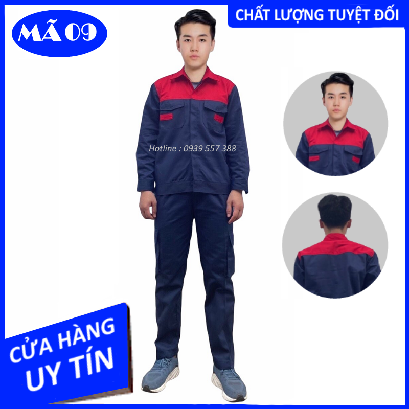 Quần áo phối màu bảo hộ lao động, đồng phục bảo hộ lao động, bộ tím than phối đỏ