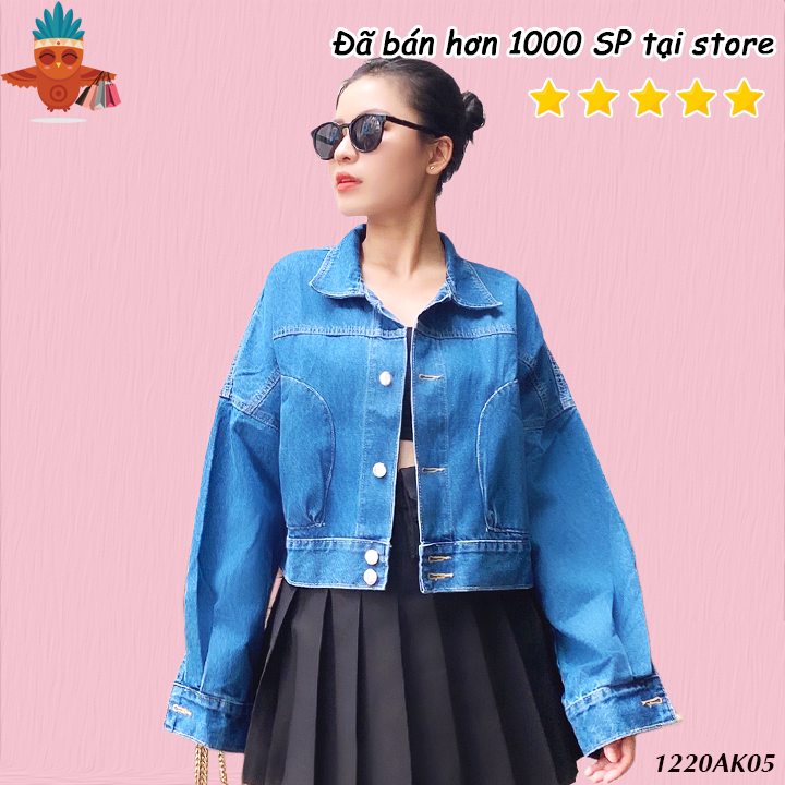 Áo khoác jeans kiểu croptop túi bầu THOCA HOUSE đậm, nhạt cá tính, thời trang freesize dưới 56kg