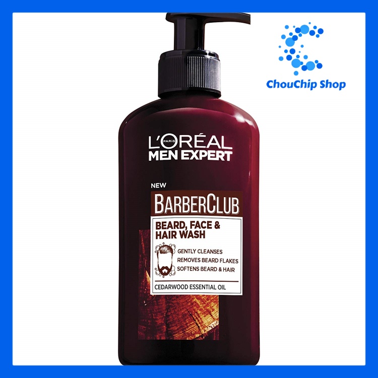 Gel 3 in 1 làm sạch râu mặt và tóc LOreal Men Expert BarberClub Beard Face & Hair wash cedarwood Essential Oil