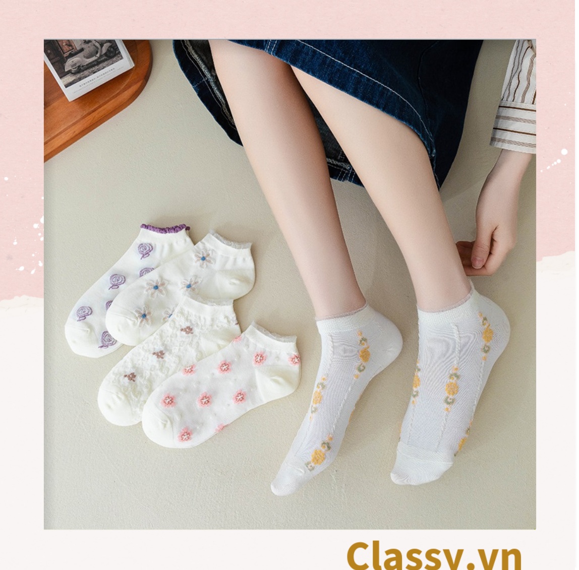 Classy Tất cổ thấp, vớ cổ thấp màu kem họa tiết hoa ngẫu nhiên G1362