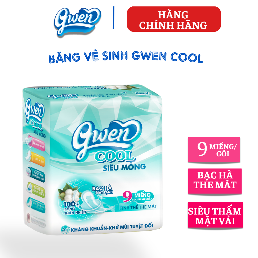 {Hàng chính hãng} Băng vệ sinh GWEN Cool 9 miếng, BVS ban ngày 24cm, có cánh, MẶT VẢI mềm mại, siêu mỏng, bạc hà MÁT LẠNH, khử mùi, kháng khuẩn.