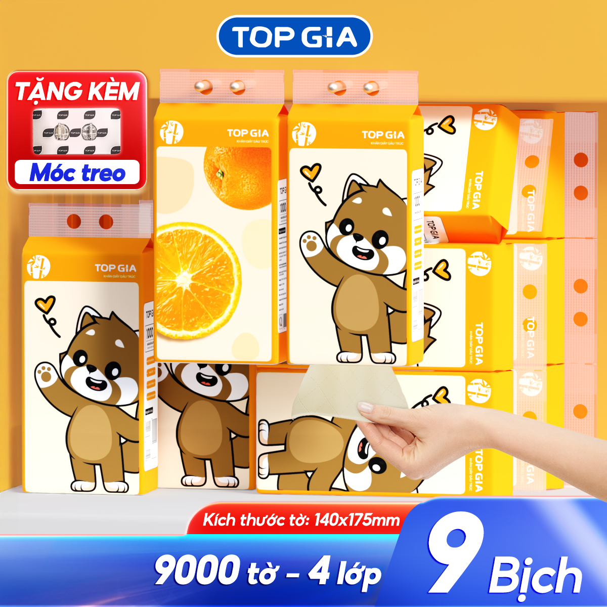  Khăn giấy gấu trúc Top Gia thùng 9 bịch giấy rút treo tường 1000 tờ 4 lớp mềm mịn và tiện lợi 