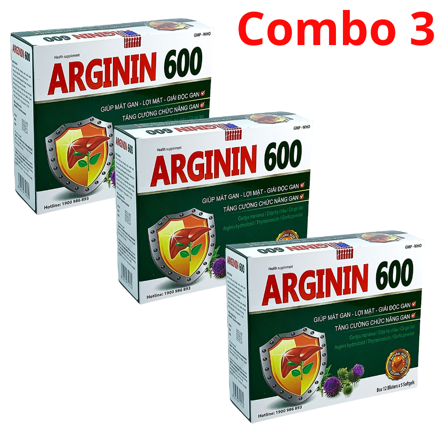 TPBVSK  Combo 3 Hộp Arginin 600 Hỗ Trợ Giải Độc Gan, Cải Thiện Tình Trạng Viêm Gan, Xơ Gan, Men Gan Cao, Gan Nhiễm Mỡ,Vàng Da, Nổi Mề Đay- Hộp 60 Viên