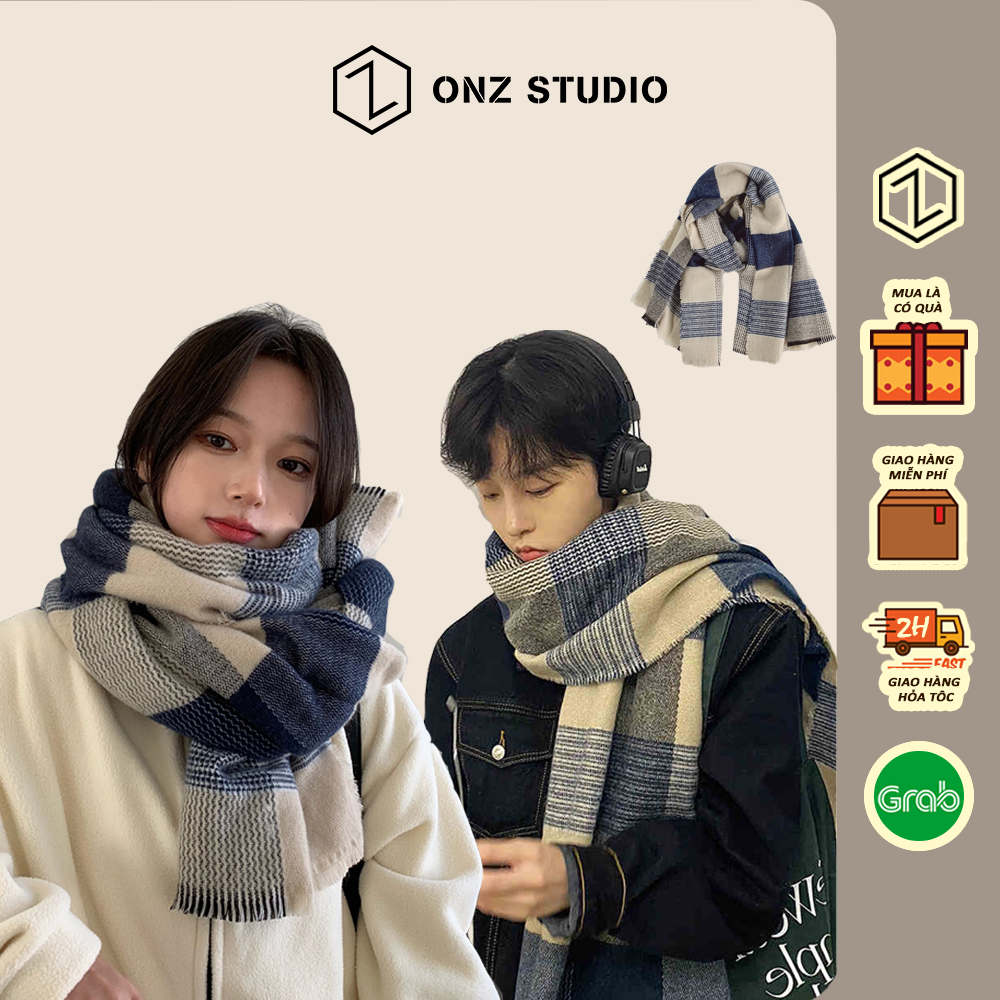 Khăn quàng cổ DORY vintage - Khăn choàng cổ len nam nữ kẻ caro xanh be ulzzang Hàn Quốc mềm mịn KCR04