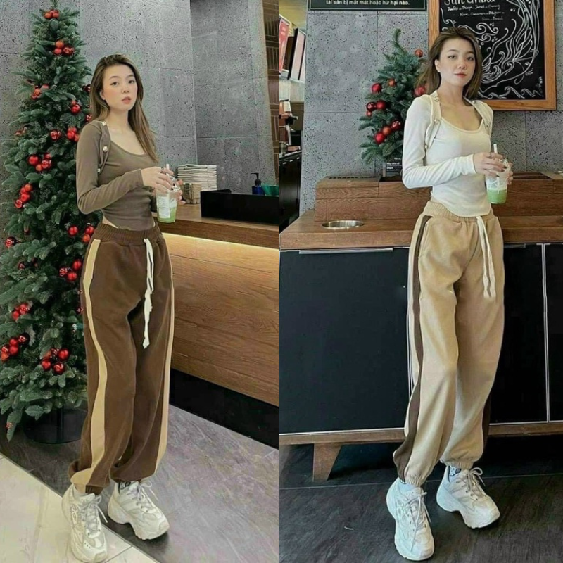 Quần jogger bo gấu chất nỉ nhung tăm mềm mịn phối dây rút và sọc 2 bên háck dáng siêu đẹp