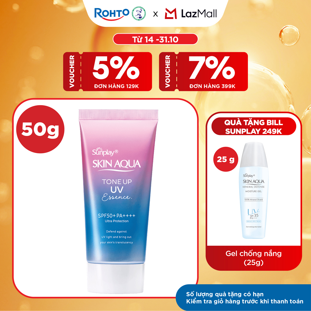 Kem chống nắng nâng tông Skin Aqua Tone up Lavender cho da tối màu  da vàng, dạng tinh chất Sunplay Skin Aqua Tone Up UV Essence Lavender SPF 50+ PA++++ 50g
