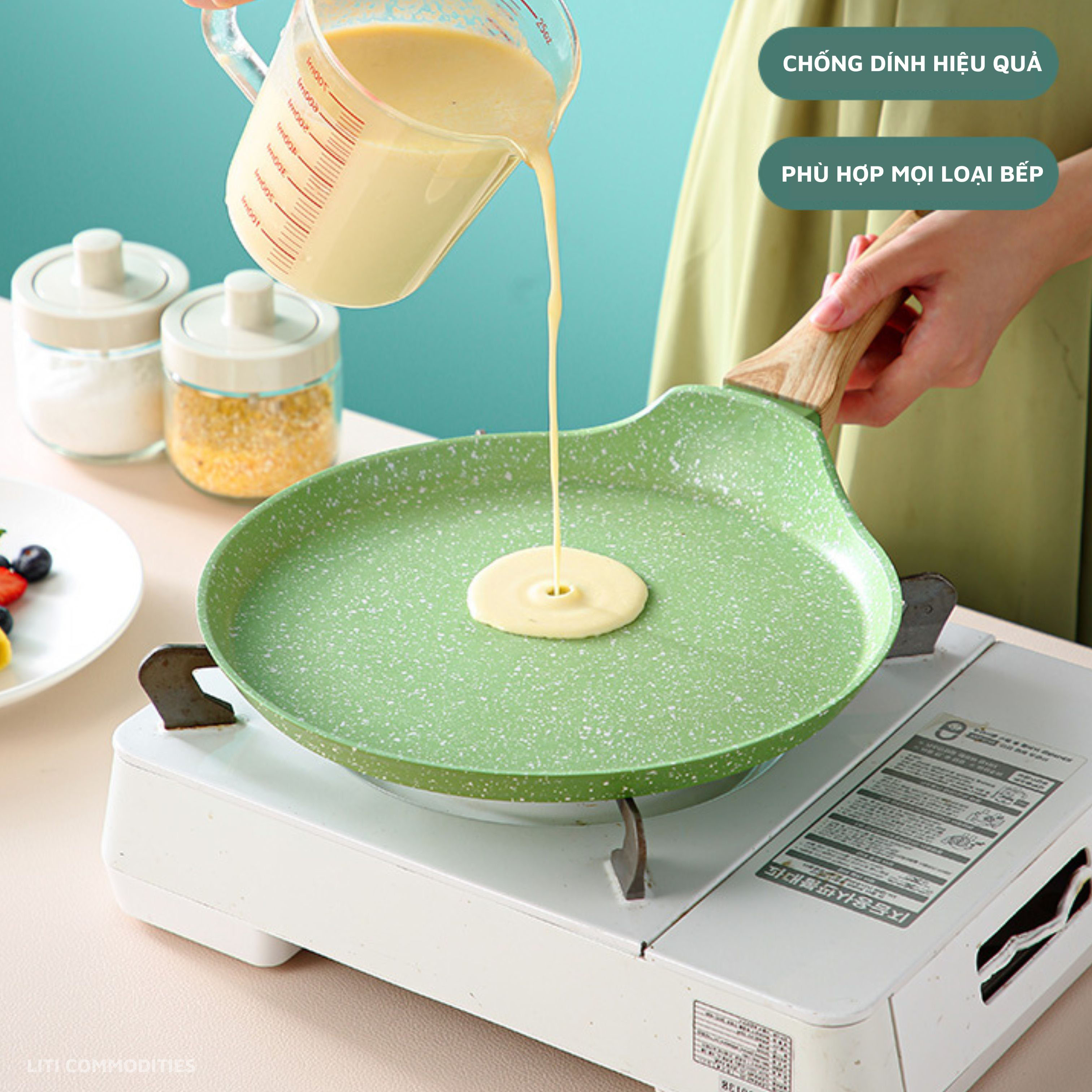  Chảo chống dính làm bánh xèo chiên trứng màu xanh lá thích hợp với mọi loại bếp 