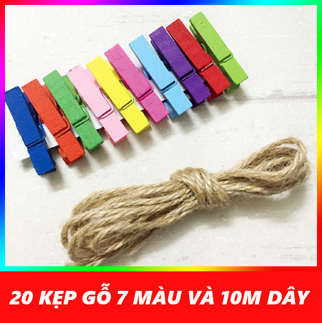 [HCM][HỖ TRỢ SHIP] Combo 20 kẹp gỗ nhiều màu + 5m dây thừng trang trí khung tranh treo ảnh siêu rẻ.