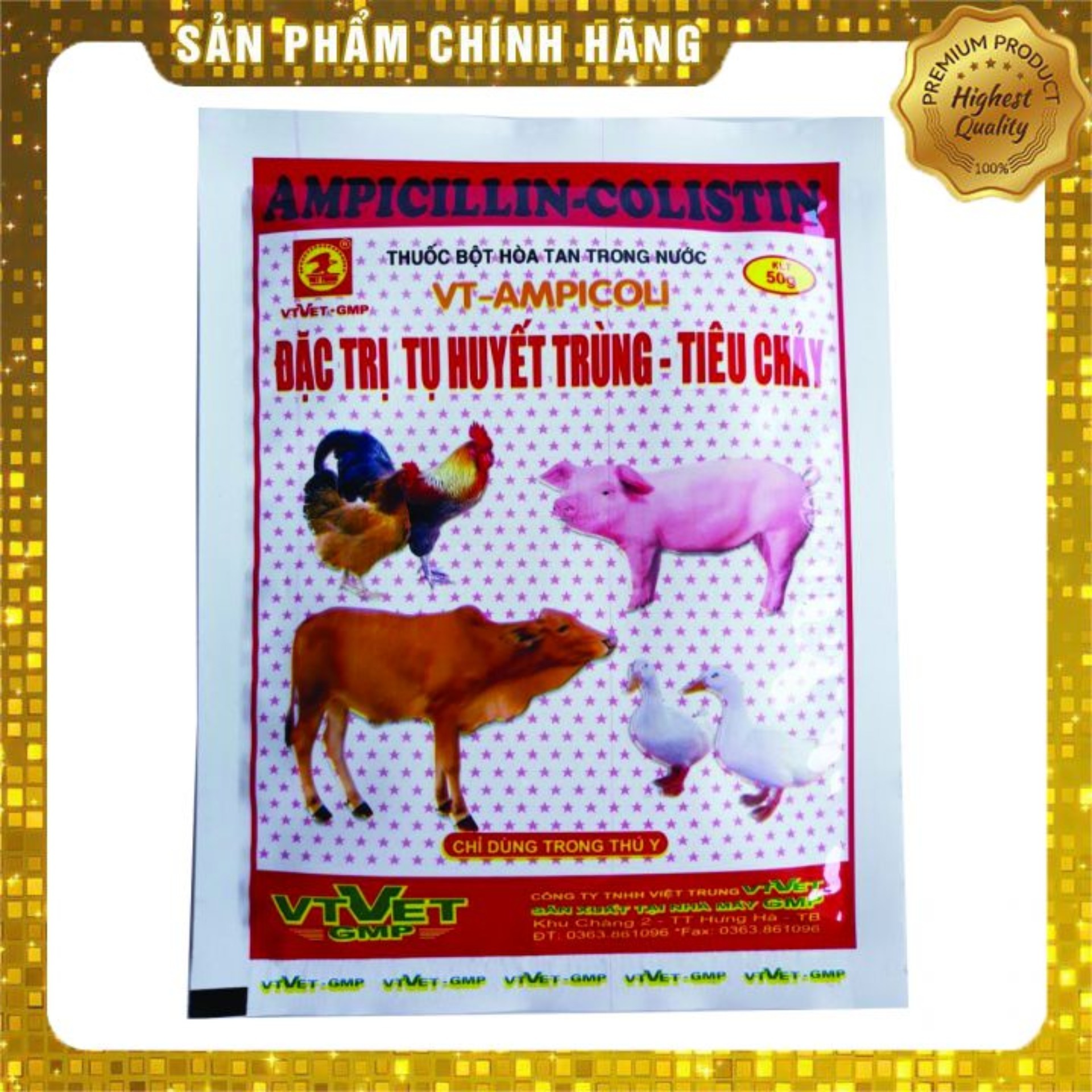VT-AMPICOLI (50g) đặc trị tụ huyết trùng, tiêu chảy trên gia súc, gia cầm