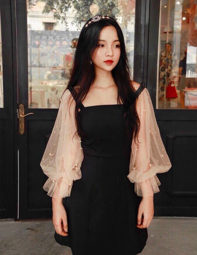 [HCM]Đầm tiểu thư phối tay dài lưới cườm xinh xắn