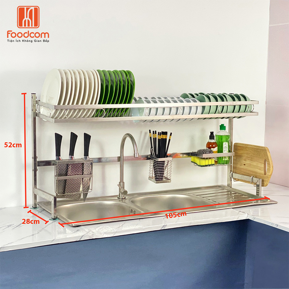 LOẠI 105CM 1 TẦNG - Kệ chén bát inox đa năng đặt trên bồn rửa chén- Foodcom - Made In Việt Nam