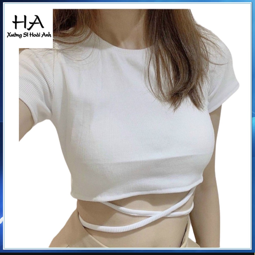 Áo croptop dây buộc bụng cổ tròn trơn tay ngắn, cột dây eo tay ngắn