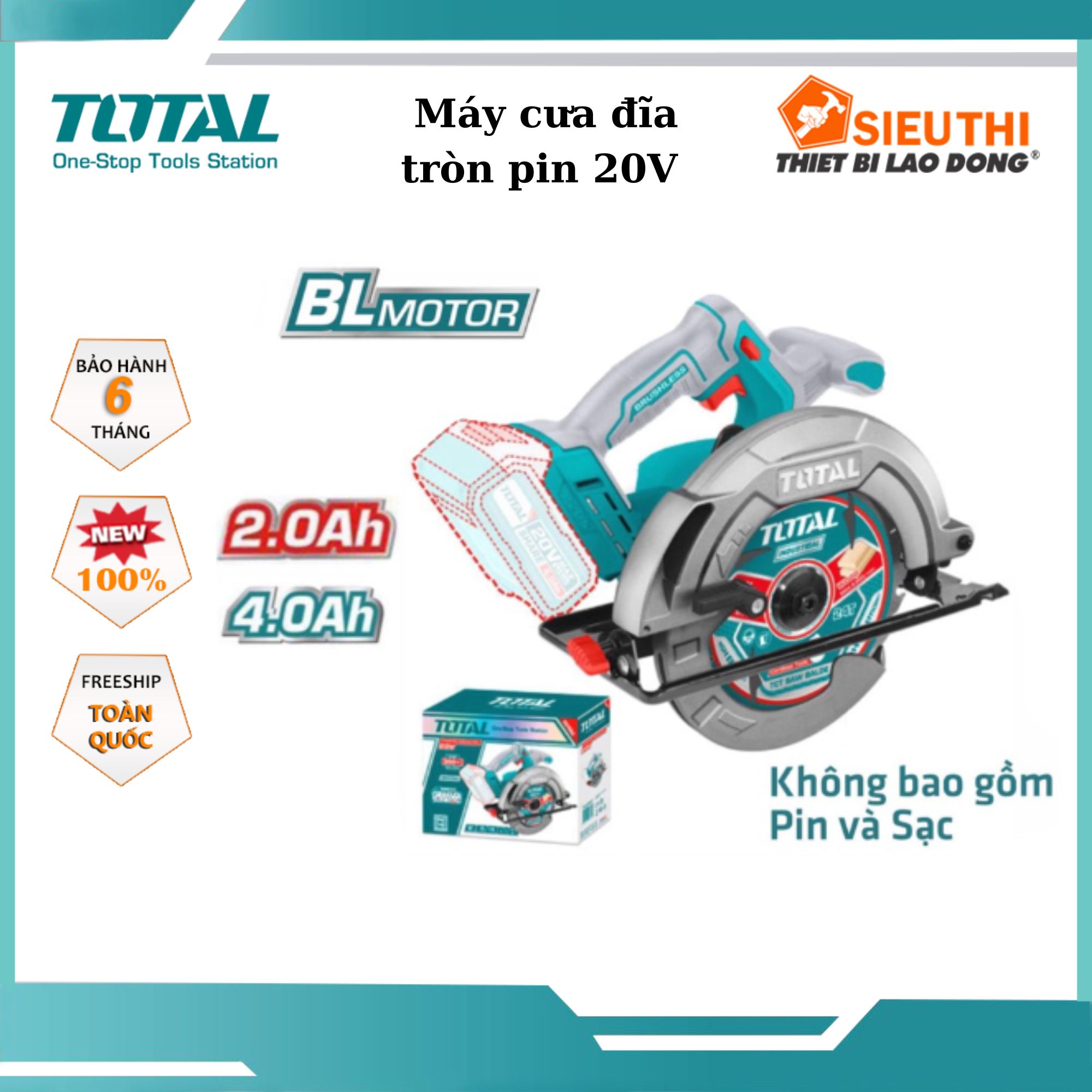 Máy cưa đĩa tròn Total TSLI1851 dùng pin 20V motor không chổi than lưỡi cửa 185mm có kèm lưỡi cưa tốc độ không tải: 4800