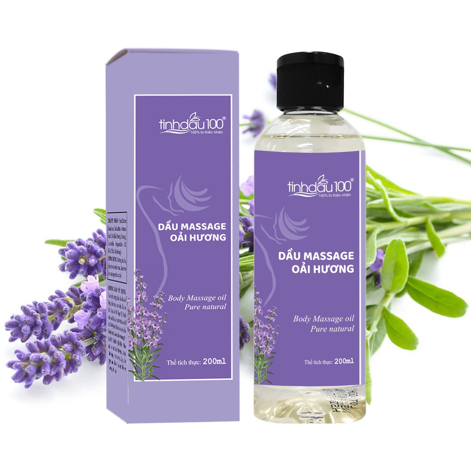 Dầu massage body oải hương Tinh Dầu 100 thư giãn, dưỡng ẩm da, giảm đau mỏi cổ vai gáy. Tinh dầu mát xa toàn thân, bôi trơn cho nam, nữ dung tích 200ml