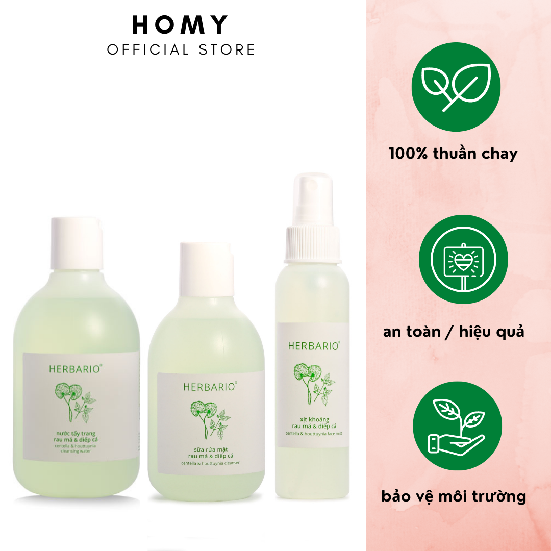 Bộ chăm sóc da nước tẩy trang sữa rửa mặt và xịt khoáng rau má và diếp cá Herbario chăm sóc da dầu mụn