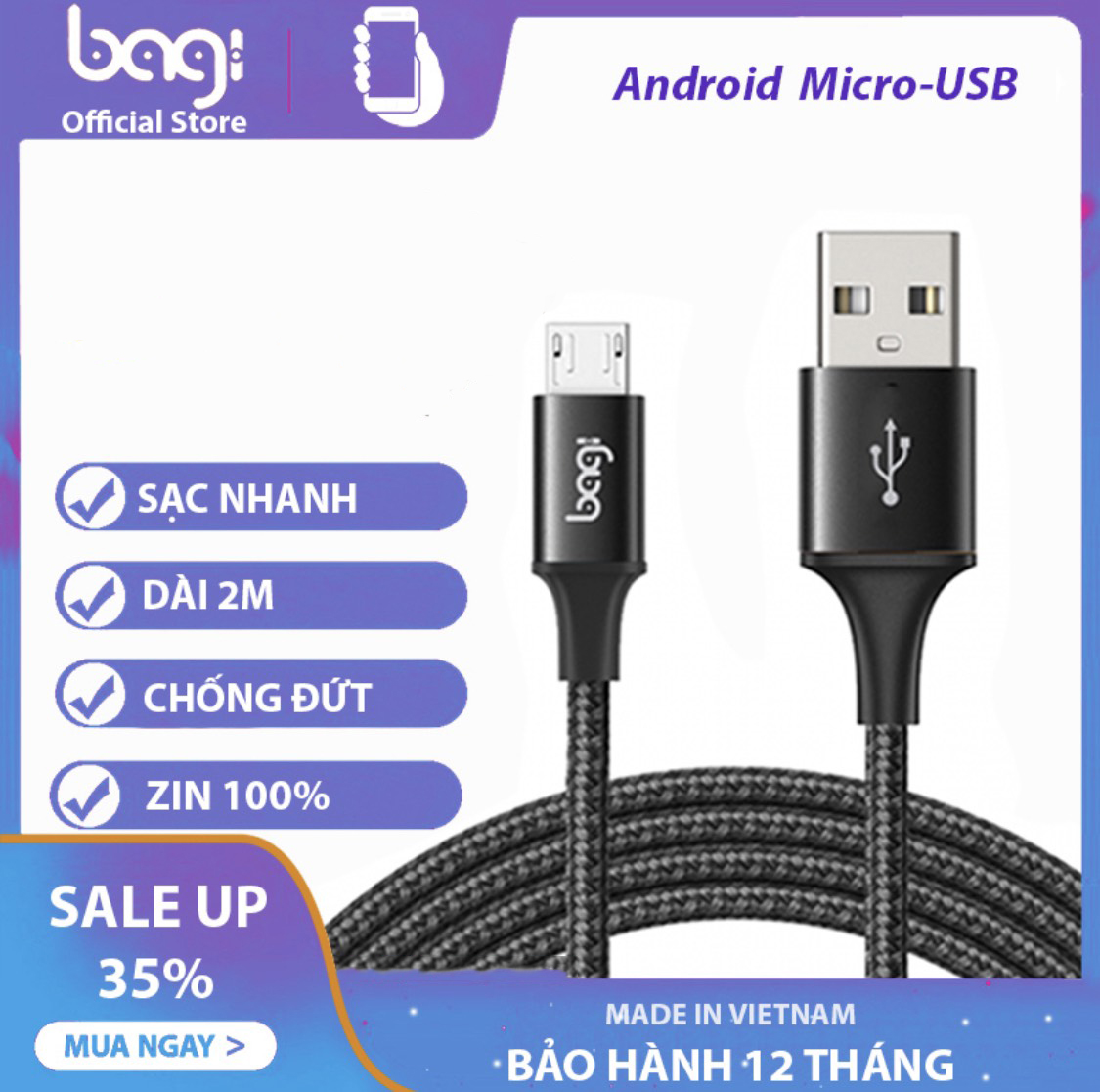 [HCM]Cáp dù sạc nhanh cho samsungoppoxiaomidài 1m-2m ...Cổng micro USBđạt chuẩn châu âu-Bagi MS200