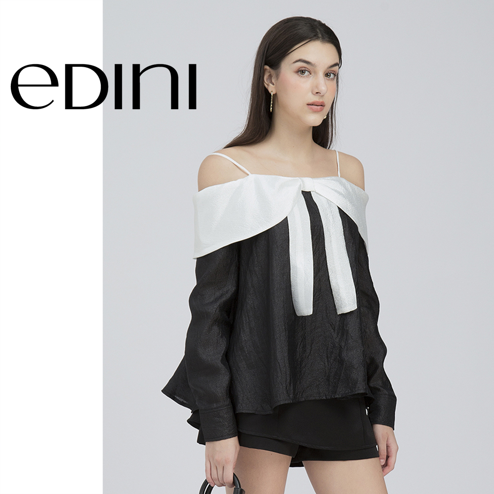 Áo trễ vai phối nơ bản lớn tay dài phong cách thanh lịch - edini - a1589