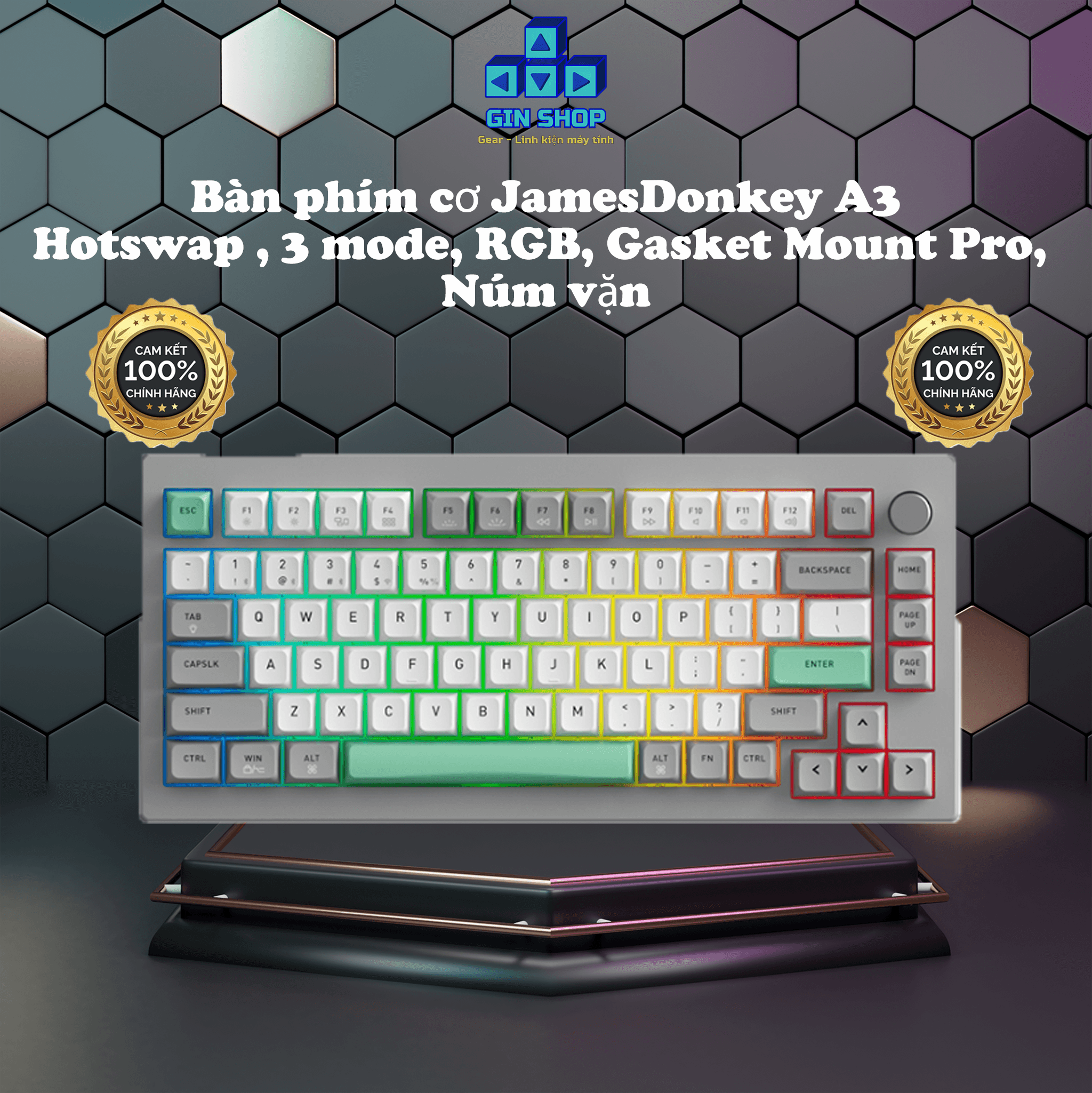Bàn phím cơ Jamesdonkey A3 mạch xuôi | Gasket mount | 3 mode kết nối | Led RGB